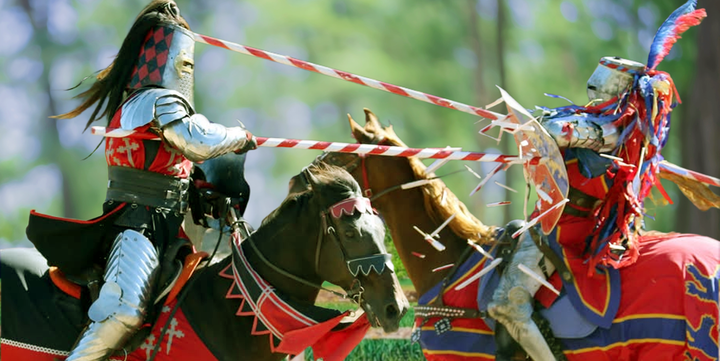 Two jousters on horseback engage in a match.