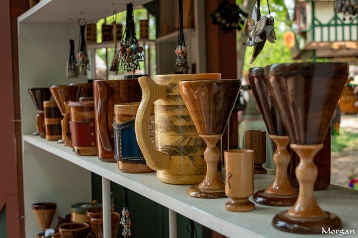 Handcrafted wooden drinking vessels at Scarborough Renaissance Festival.