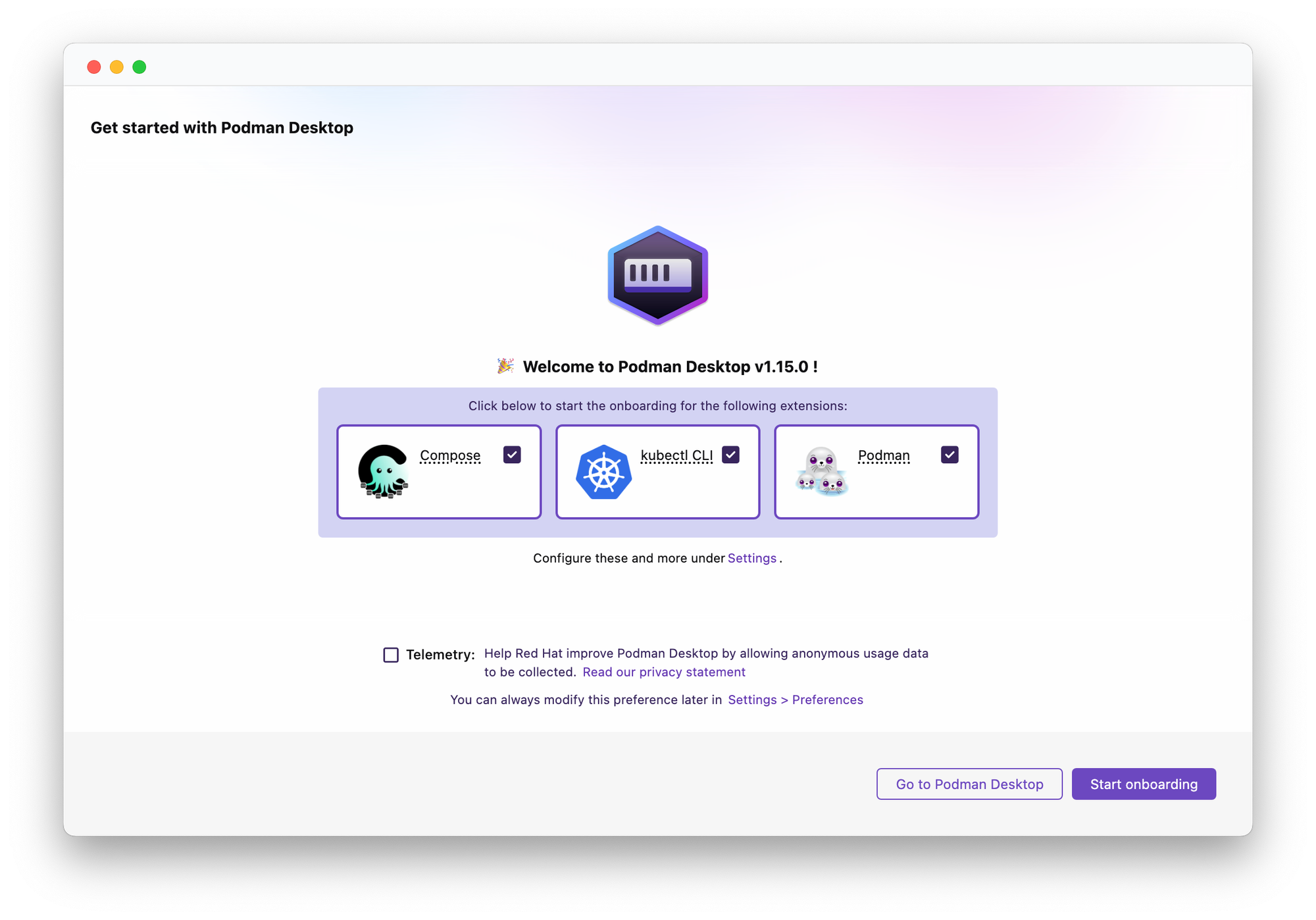 The onboarding window to get started with Podman Desktop.