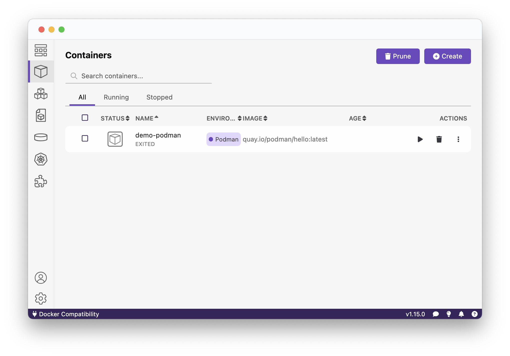 The Podman Desktop view showing all running and stopped containers.