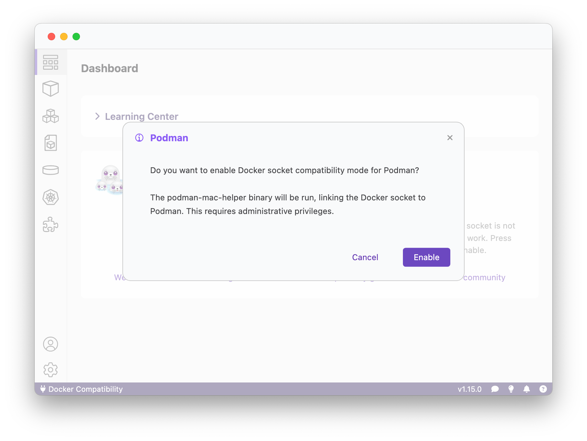 View in Podman Desktop to enable the Docker socket compatibility mode.