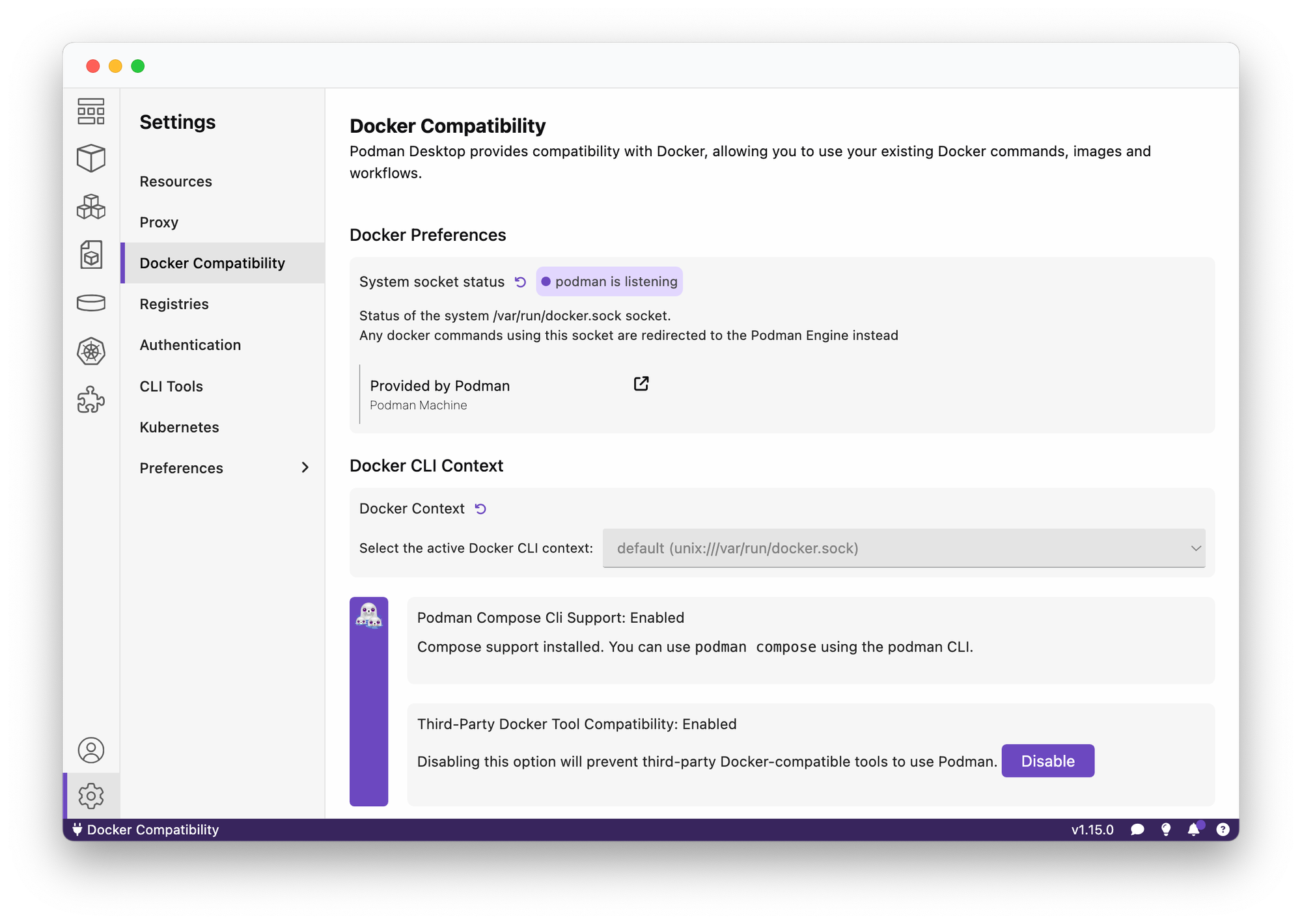 The Podman Desktop page to configure the Docker Compatibility settings.