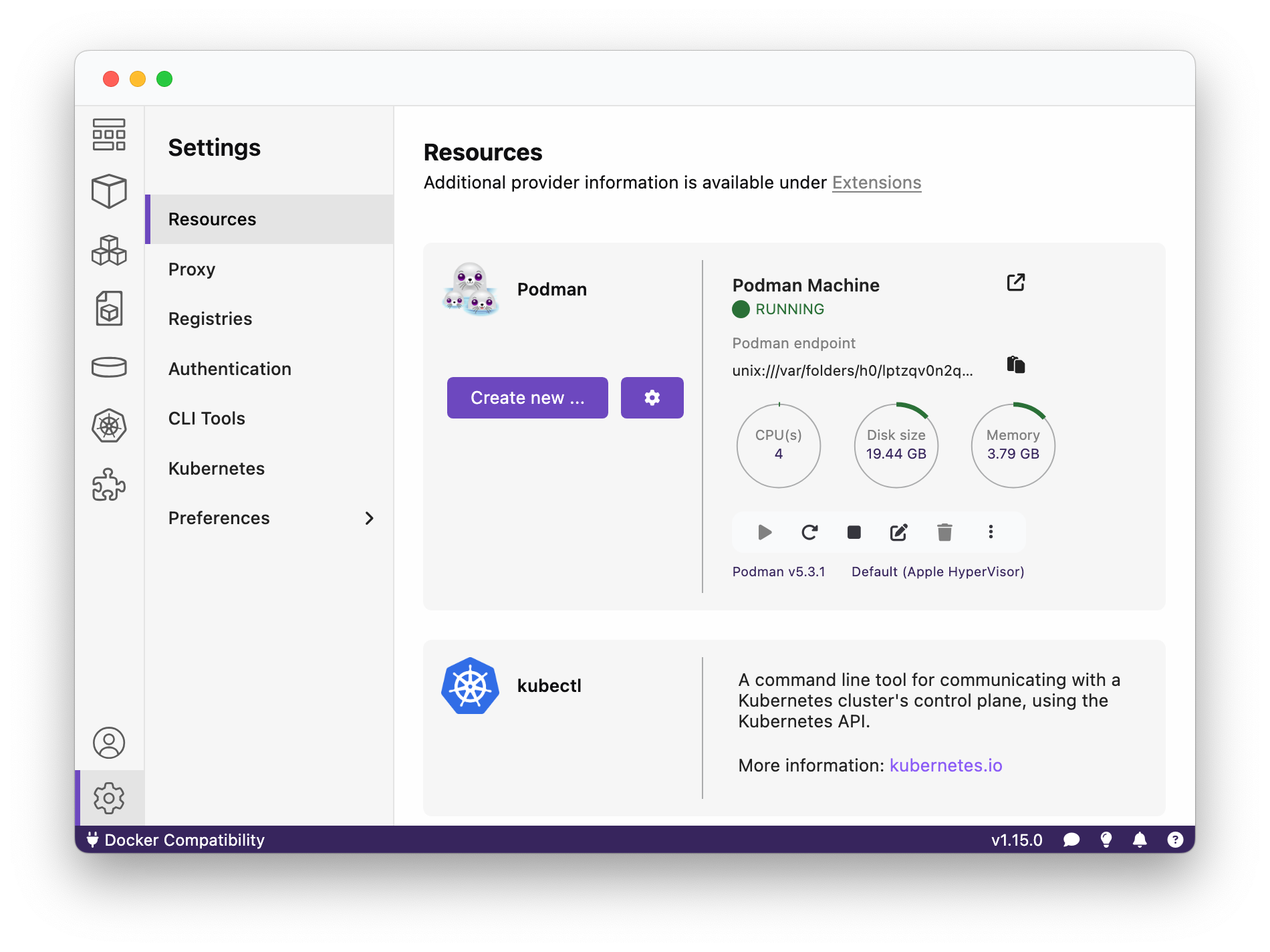 The Podman Desktop page for managing Podman Machines.