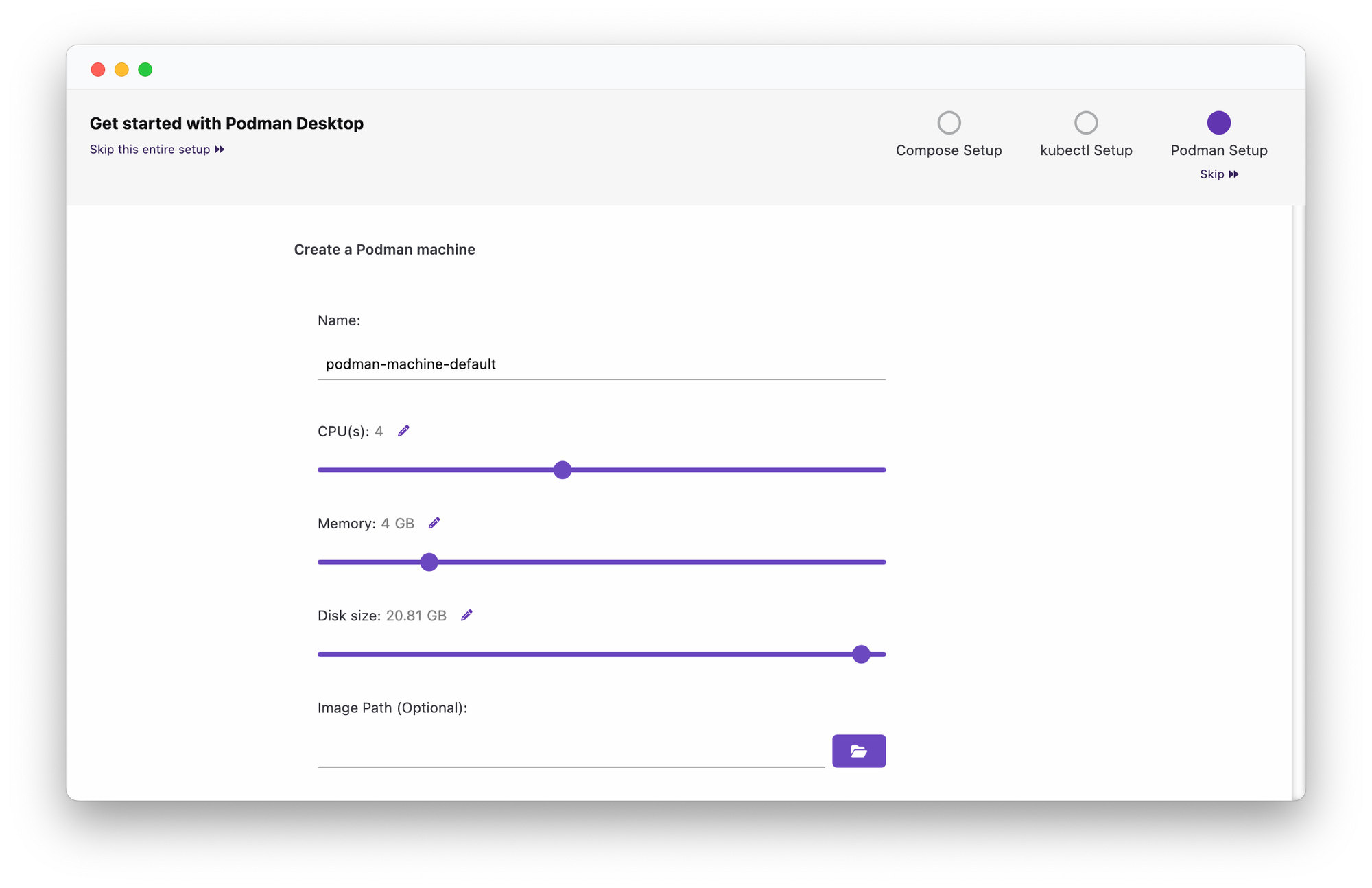 The onboarding view from Podman Desktop to configure CPU, memory and disk size for a Podman Machine.