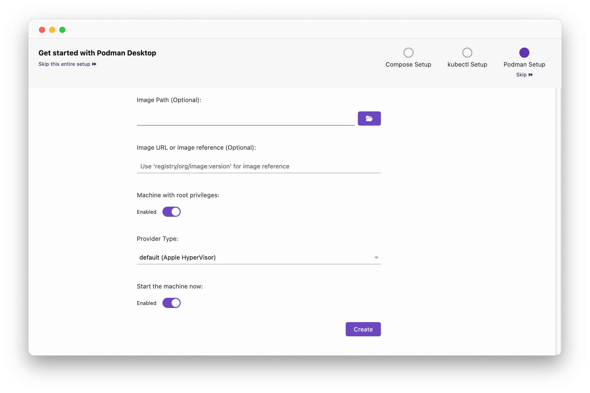 The onboarding view from Podman Desktop to configure privileges and provider type for a Podman Machine.