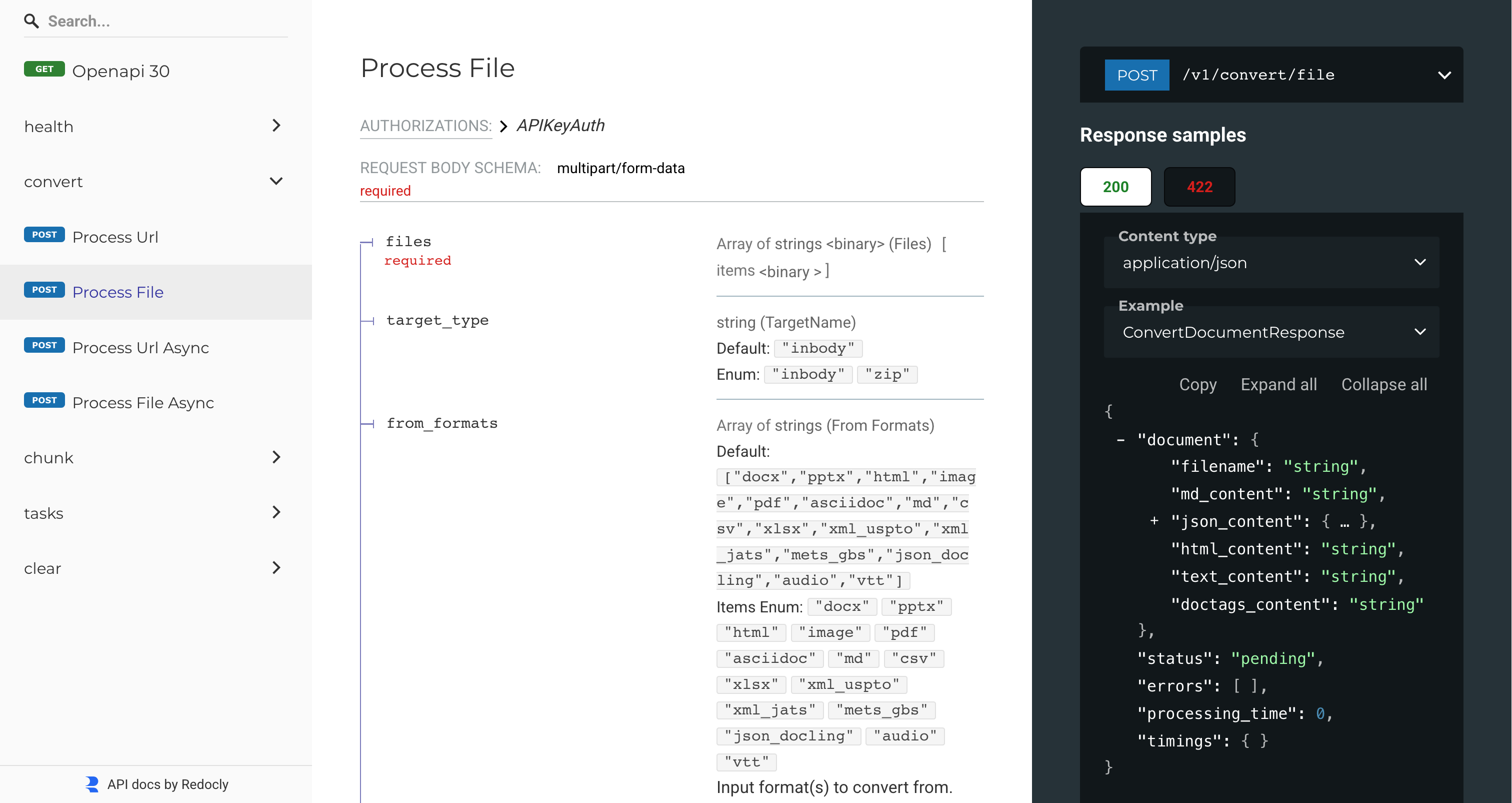 Screenshot of the OpenAPI documentation for Docling Serve, available at http://localhost:<port>/docs.