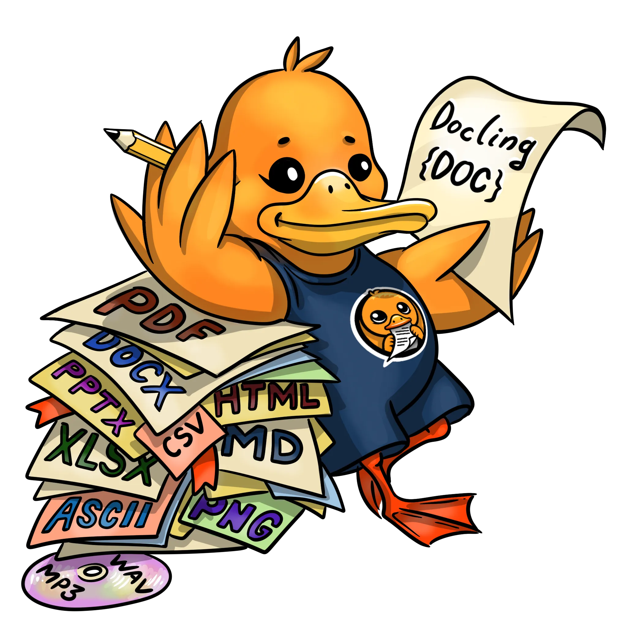 The Docling mascot (a duck) leaning on a pile of documents with different formats, while holding in their hands a single file representing all the input in a unified, structured format.