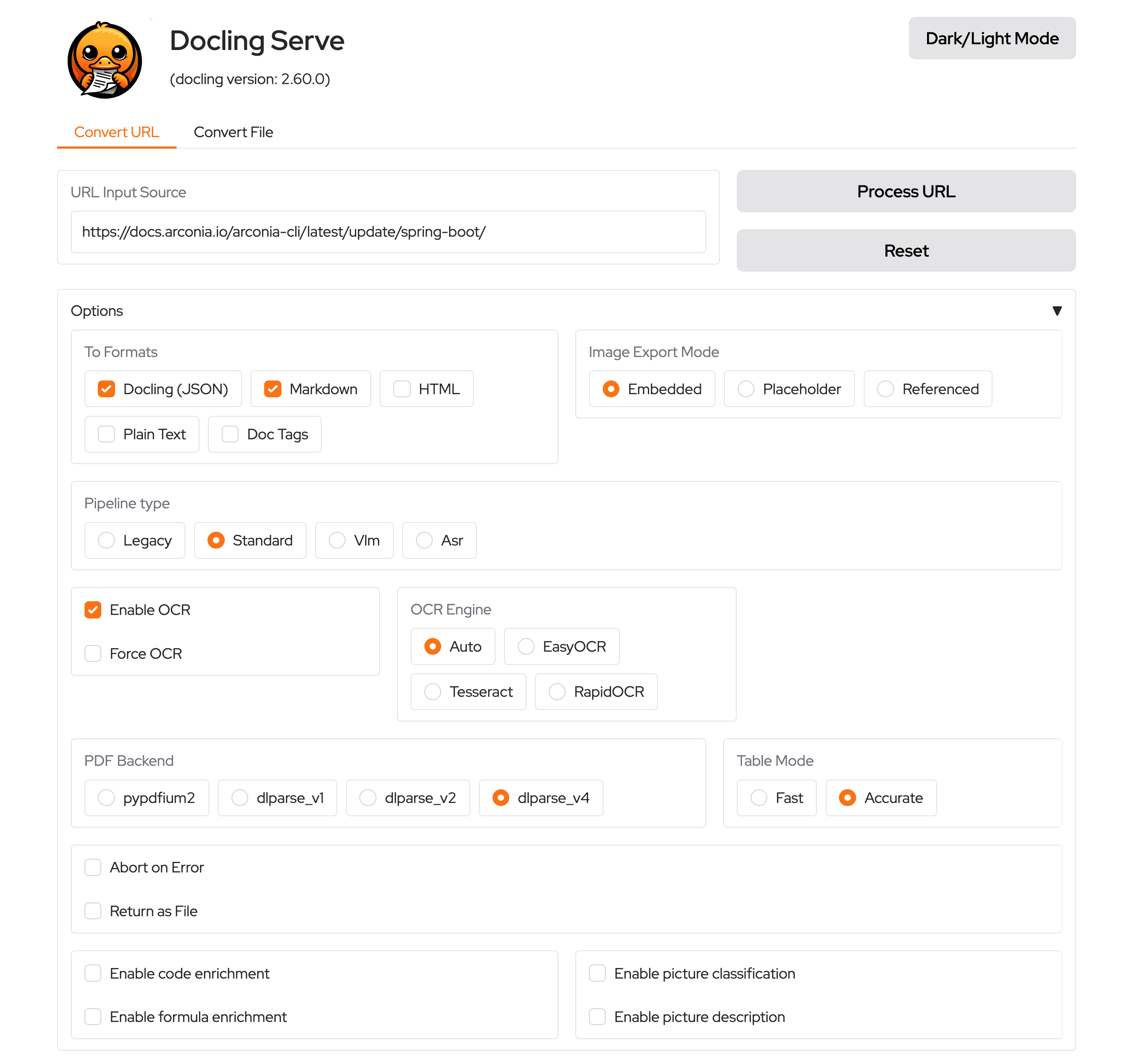 Screenshot of the GUI for Docling Serve, available at http://localhost:<port>/ui. It offers the same options as the API, but as a graphical form.