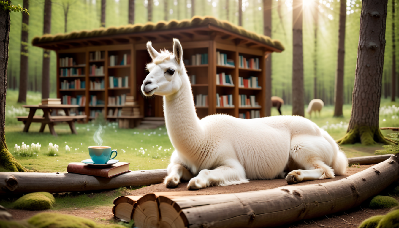 A white llama drinking coffee in a forest, by a wooden library shelf.