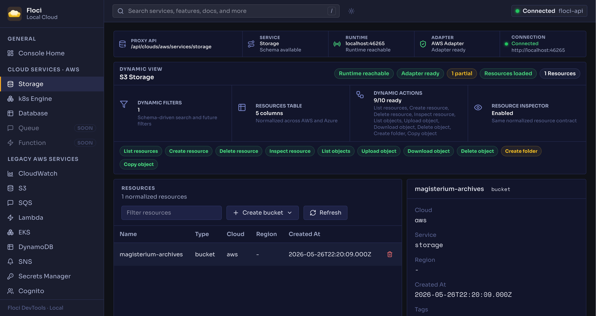 A screenshot of the Floci UI, currently under active development and soon integrated with the Arconia Dev Services.