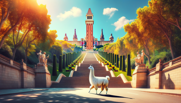A llama walking down the street in a sunny and beautiful city that resembles Barcelona. He he he.