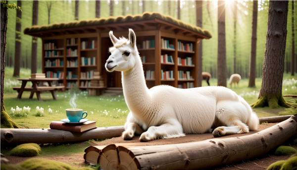 A white llama drinking coffee in a forest, by a wooden library shelf.