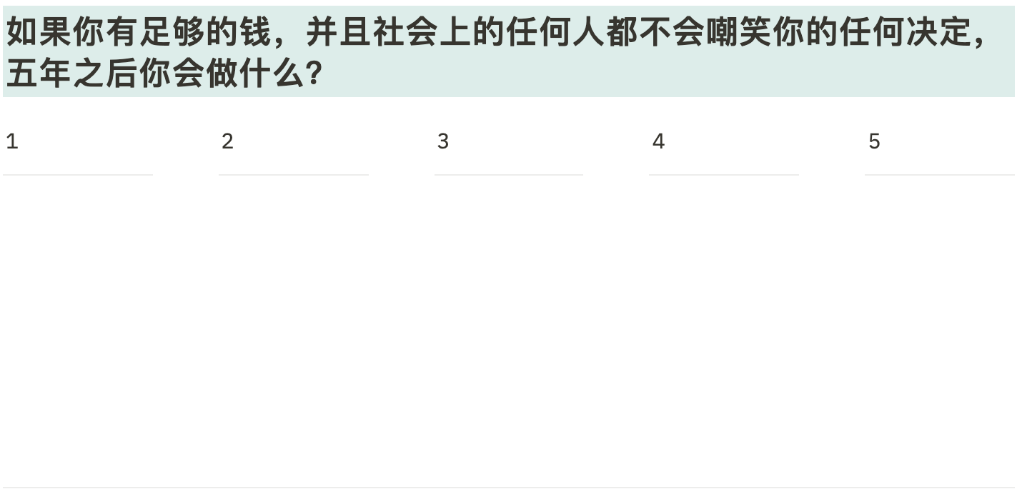 如果你有足够的钱，并且社会上的任何人都不会嘲笑你的任何决定，五年之后你会做什么？