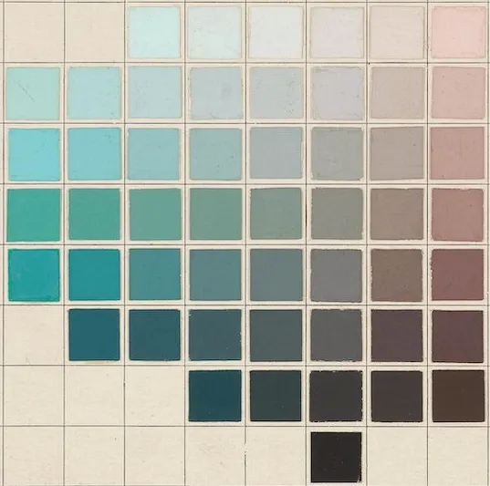 Grid of painted color chips shading from turquoise through gray to muted rose