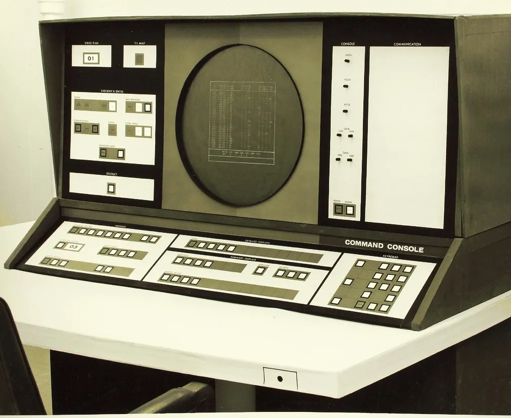 Vintage computer command console with a round screen and button panels