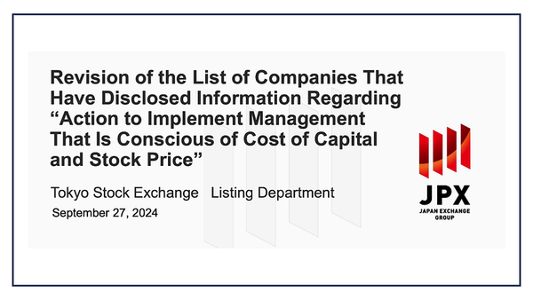 TSE revises procedures for company disclosures on “Cost of Capital and Stock Price”