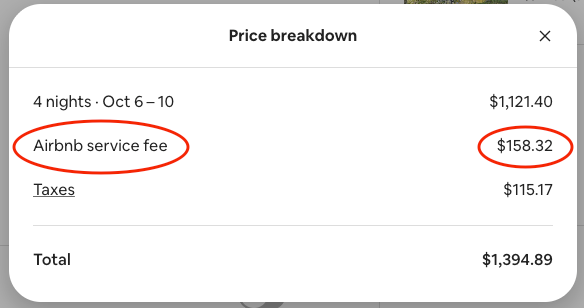 Airbnb price breakdown showing Airbnb service fees