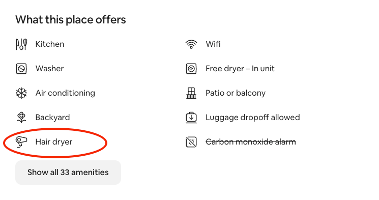 Booking an Airbnb listing with a hair dryer