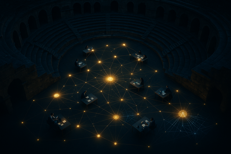 Hierarchy dissolving into intelligence — people connected by glowing network nodes inside a Roman amphitheater