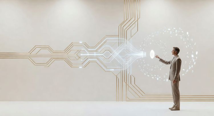 A human figure touches a luminous signal emerging from abstract golden and blue AI feedback loops.