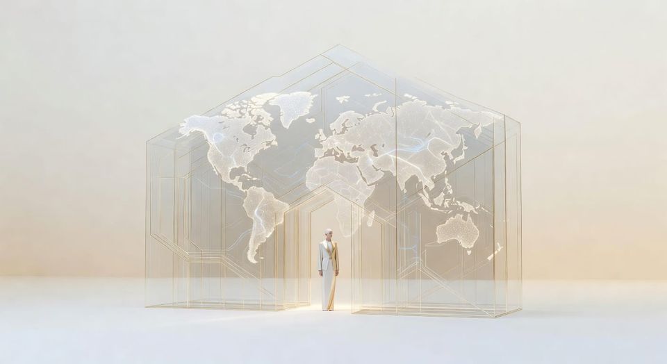 A calm human figure within luminous golden technology geometry, representing human agency in the age of AI abundance.