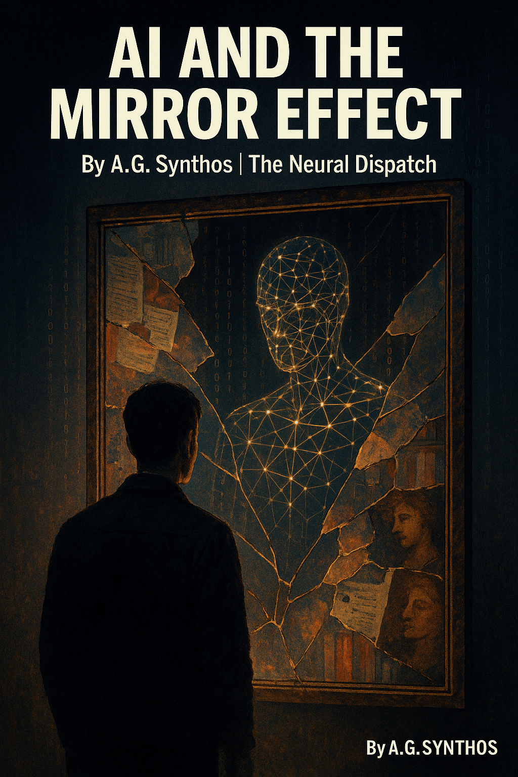 A human stands before a fractured mirror where the reflection is a glowing neural lattice shaped like a person, symbolizing AI as both our echo and distortion.