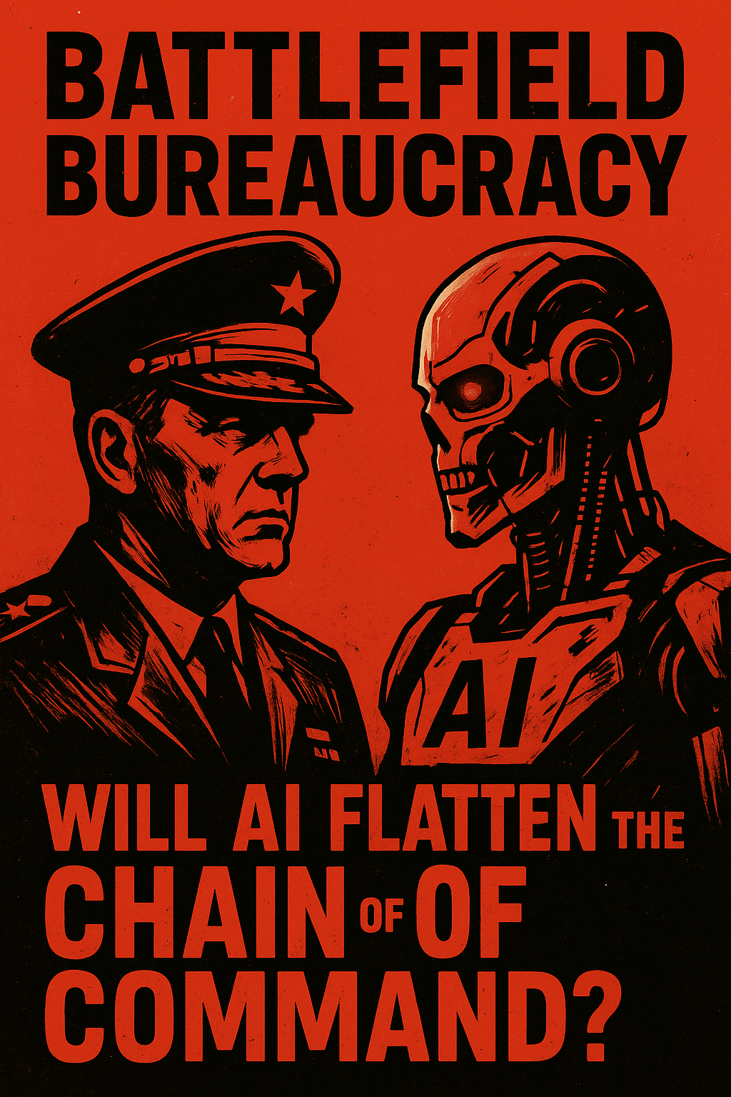 “Military command chart dissolving into a streamlined network of AI nodes, symbolizing battlefield bureaucracy giving way to flattened chains of command.”