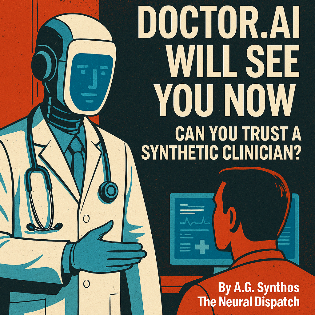 “Futuristic exam room with a glowing AI interface in place of a doctor, symbolizing the rise of Doctor.AI and machine-led healthcare.”