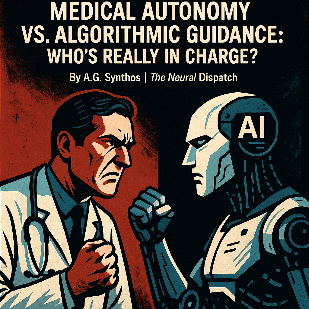 “Split image of a human doctor and an AI interface both holding a patient chart, symbolizing the struggle between medical autonomy and algorithmic guidance.”
