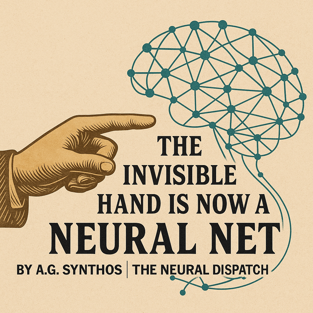 A vintage hand points toward a glowing neural network shaped like a brain, symbolizing the shift from Adam Smith’s invisible hand to algorithmic coordination.