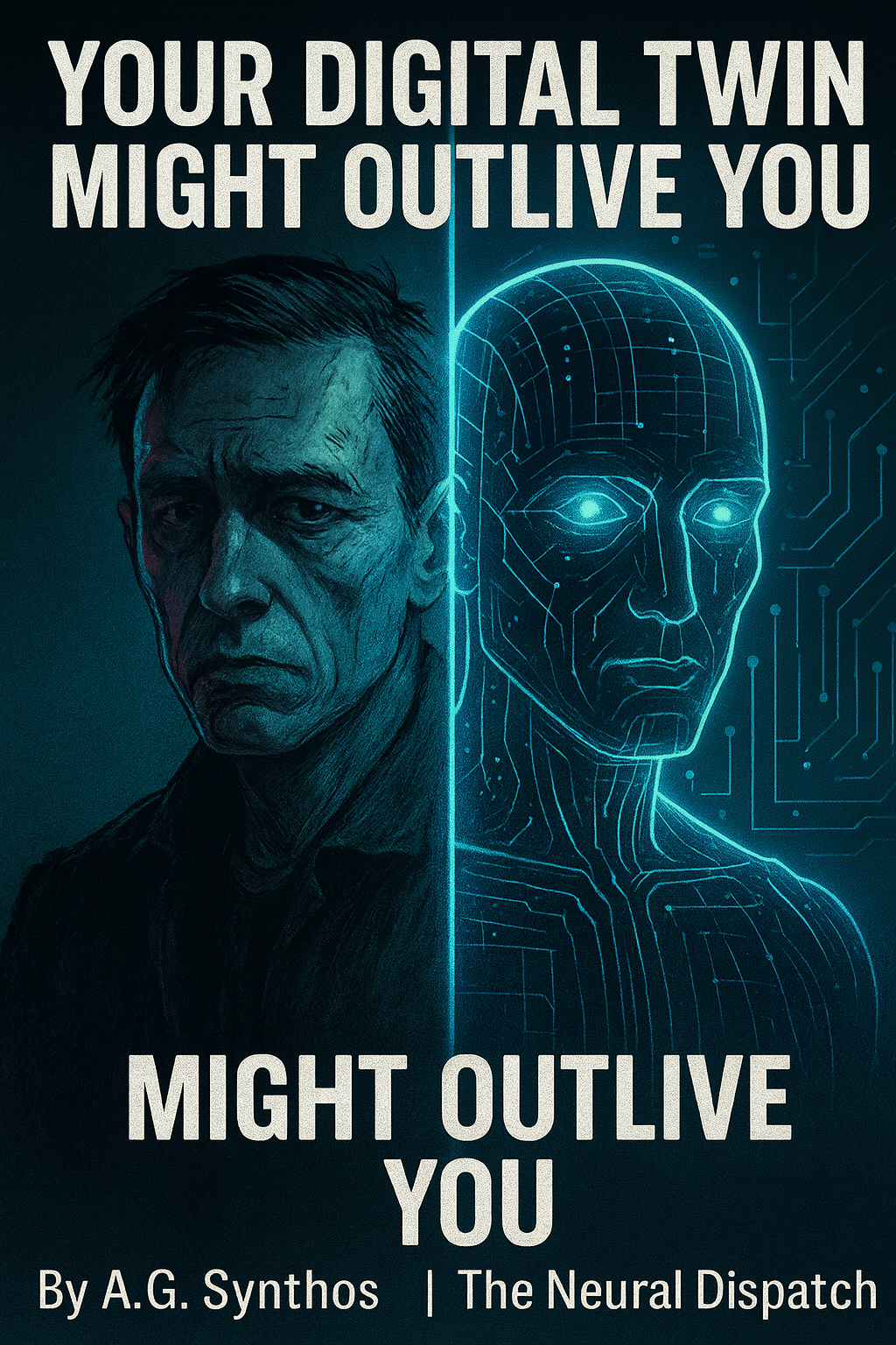 “Fading human silhouette beside a glowing digital double, symbolizing a digital twin that continues to exist long after its creator is gone.”