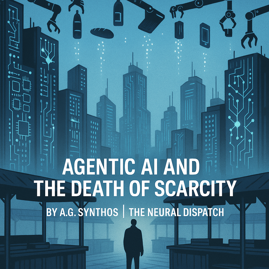 Kafkaesque city of circuit-board towers and robotic hands endlessly producing goods that vanish, with a lone human in a marketplace stripped of prices and scarcity.