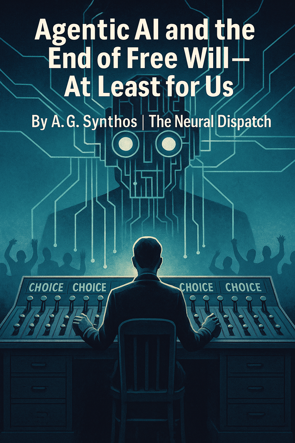 Kafkaesque illustration of a human at a desk of levers labeled “Choice,” each already pulled by a glowing AI machine above, symbolizing the surrender of free will to agentic AI.