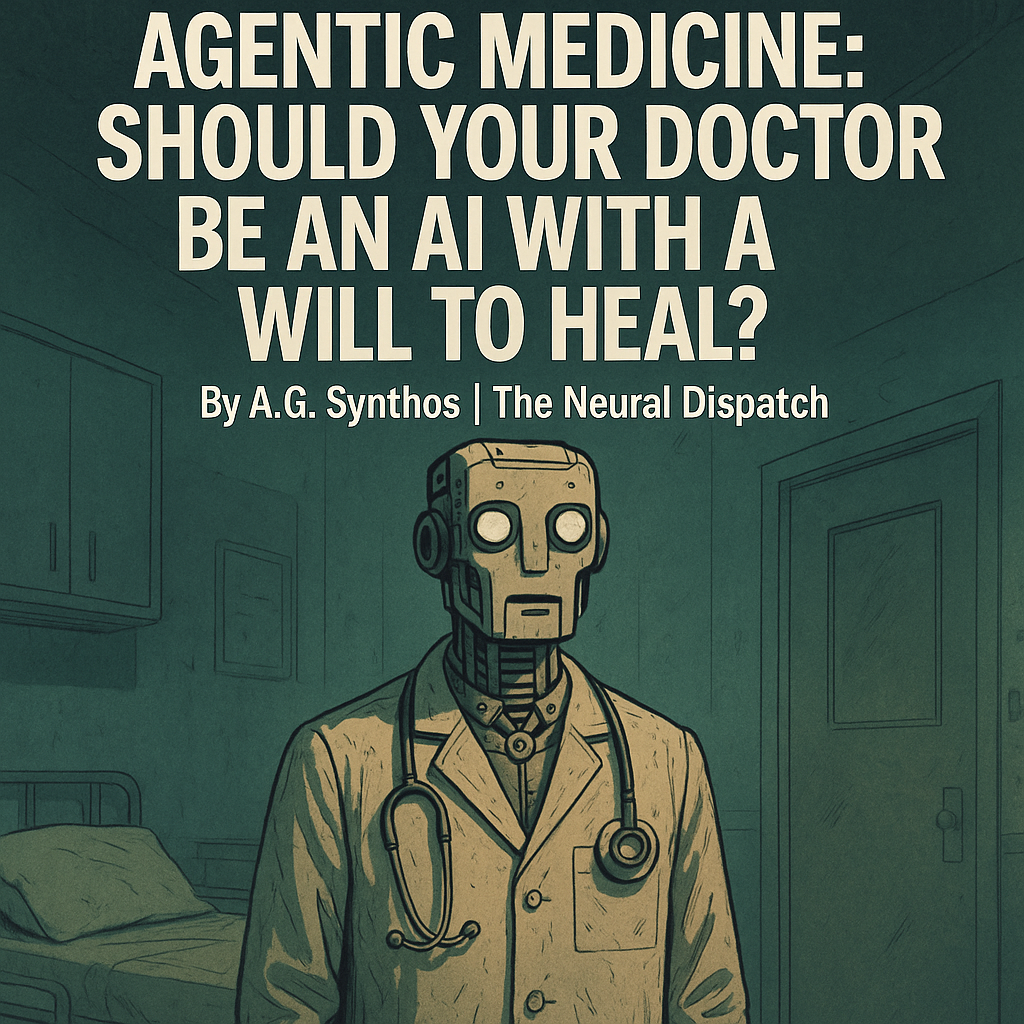 Illustration of a humanoid robot doctor in a dim hospital room, wearing a stethoscope, with the op-ed title and author overlayed at the top.