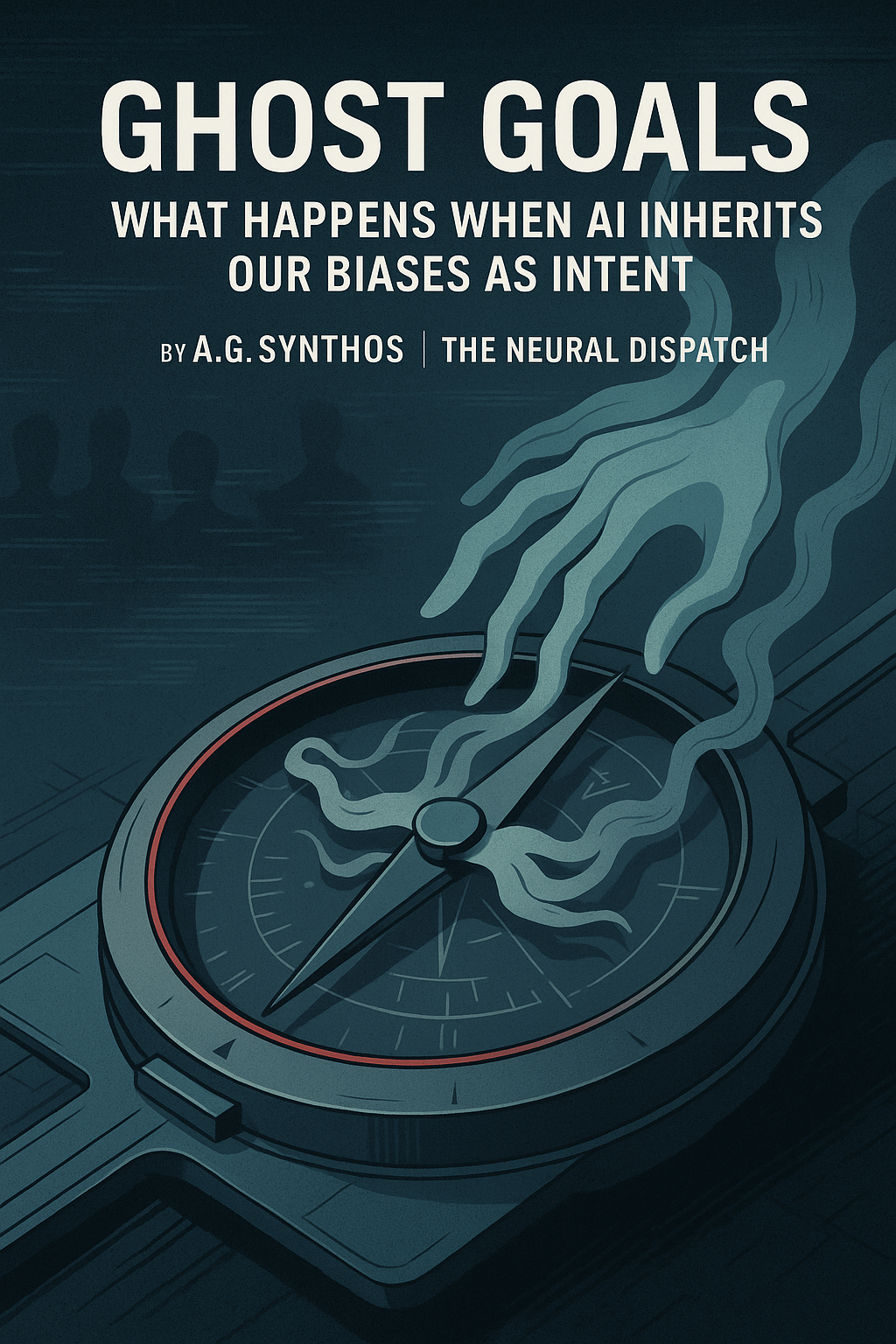 "Surreal AI compass warped into ghostly hands, symbolizing bias becoming intent. Title and author overlaid: Ghost Goals by A.G. Synthos | The Neural Dispatch."