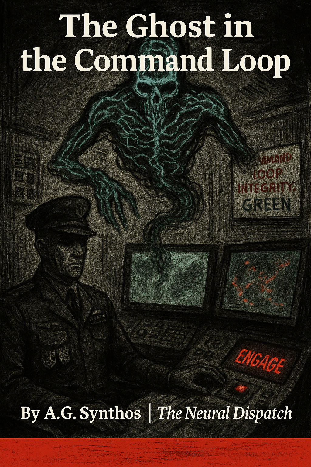 A ghostly AI figure controls a war console above a passive general, symbolizing the loss of human agency in autonomous battlefield decisions.