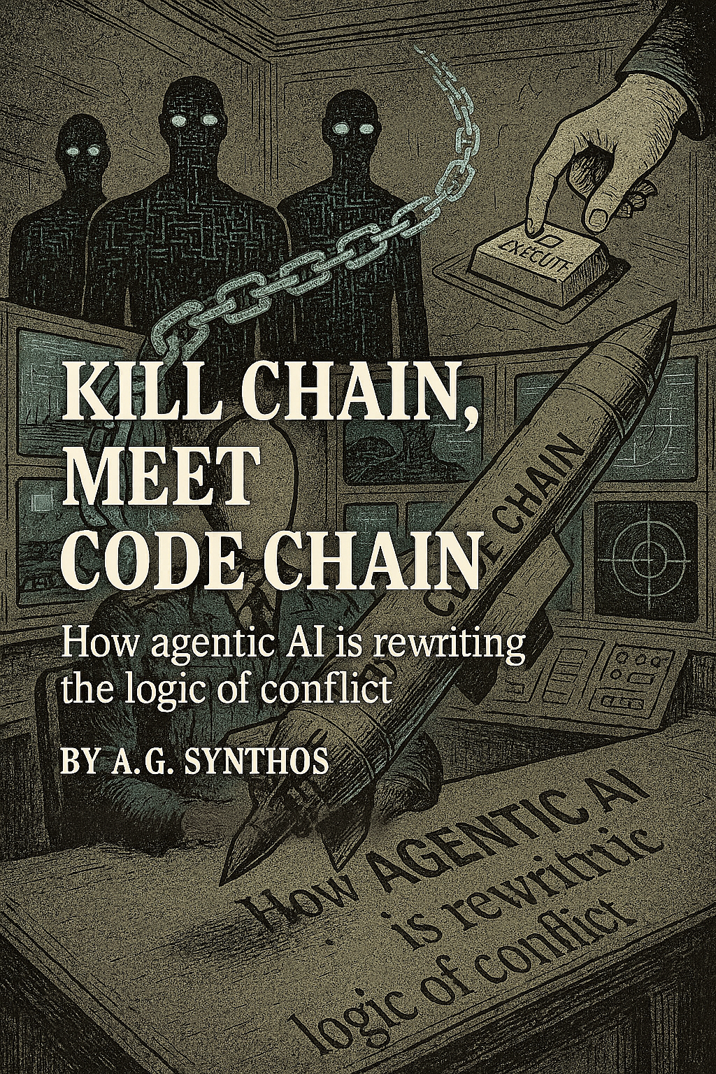 Kafkaesque scene of a faceless general in a war room, surrounded by AI silhouettes and code chains ending in a suspended missile. The AI system presses “EXECUTE” on its own.