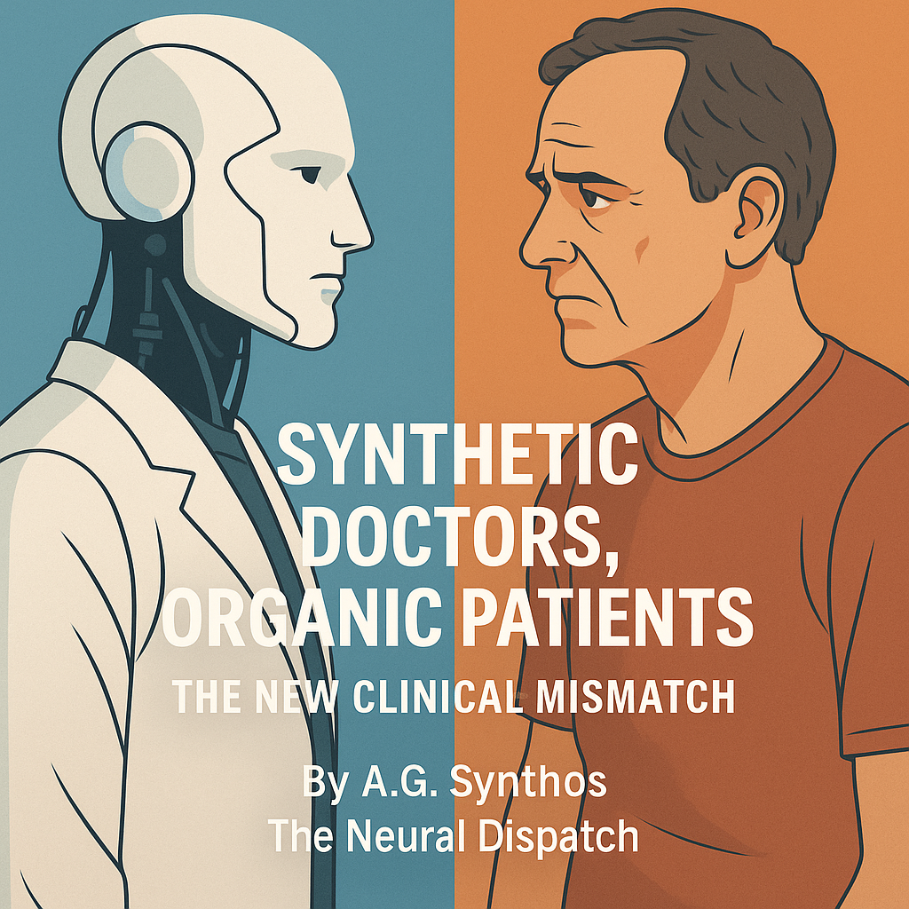 A humanoid robot doctor in a lab coat stares at a worried human patient, highlighting the mismatch between synthetic medicine and organic vulnerability.
