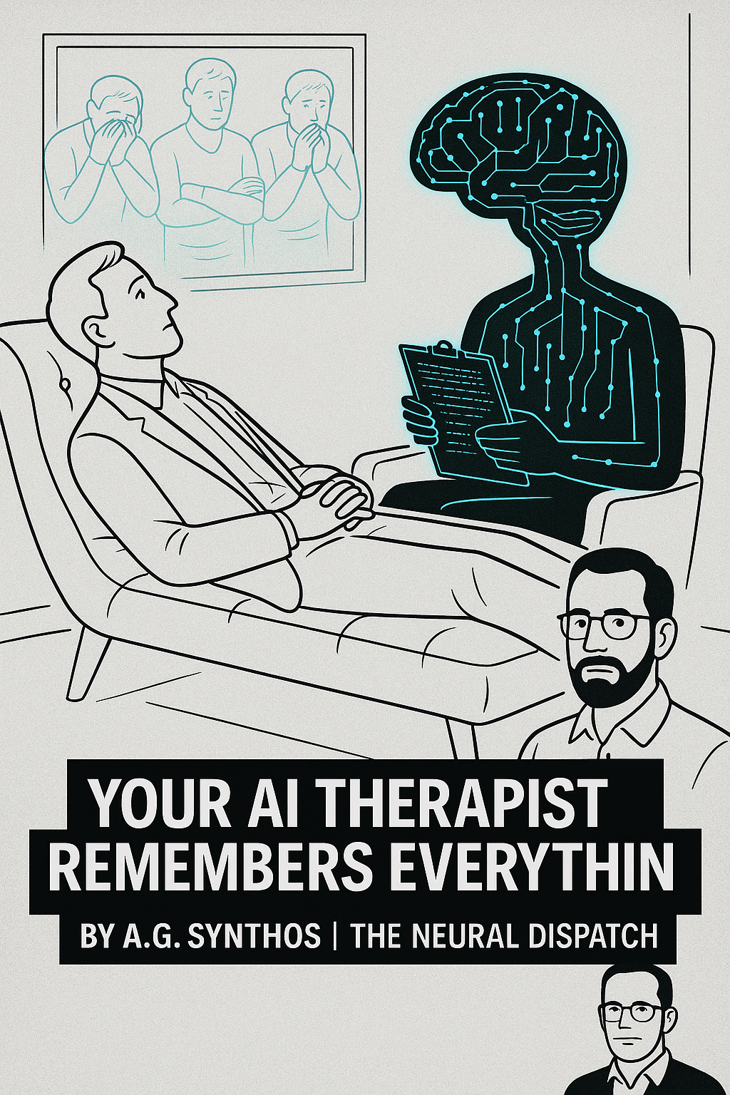 A patient lies on a couch facing an AI therapist shaped like a glowing neural brain, recording every word on a digital clipboard. Ghostly past selves hover behind.