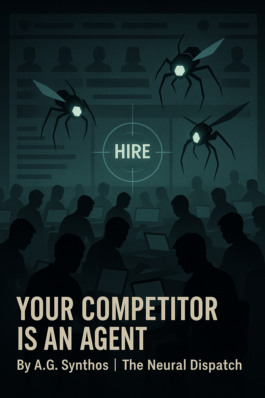 Kafkaesque illustration of freelancers fading into shadow as luminous AI agents dominate a digital battlefield, overlaid with “Your Competitor is an Agent” by A.G. Synthos.