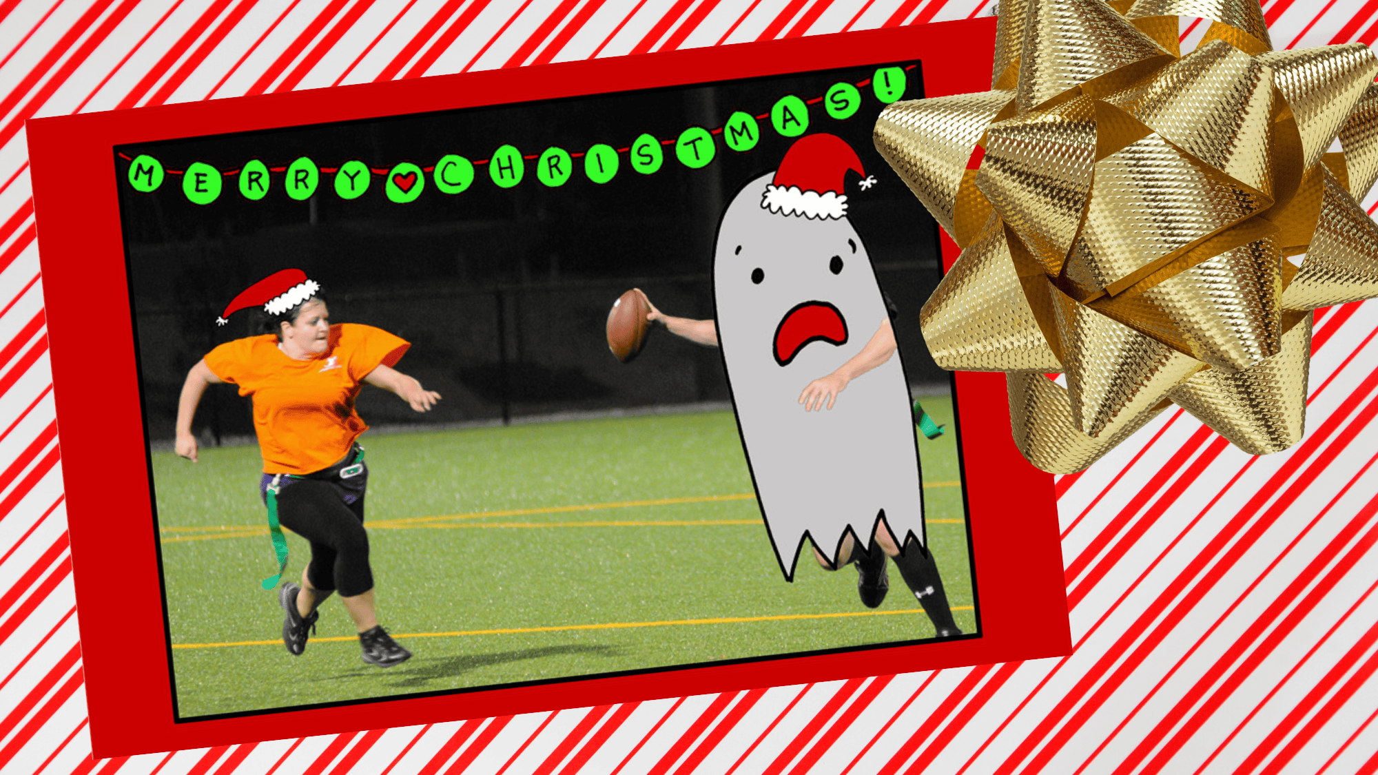 Christmas card with Deanna playing flag football and a ghost drawing over the opponent.