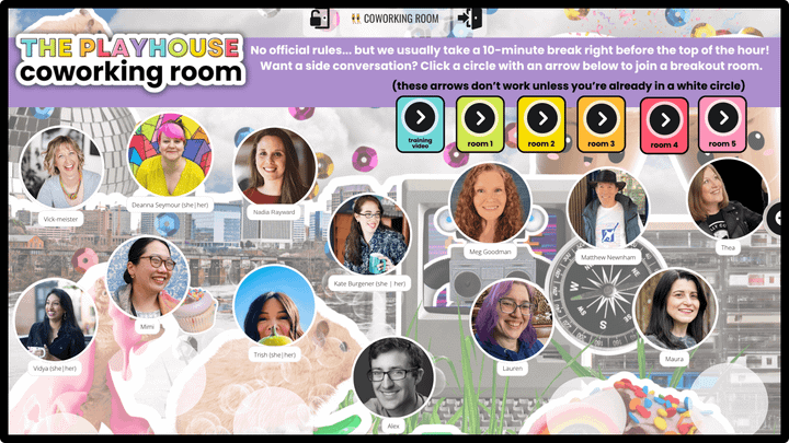 The Playhouse coworking room, a virtual space with member photos and breakout room buttons on a colorful collage background.