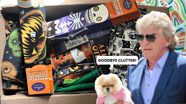 Halloween decorations with a man in sunglasses and a Pomeranian in pink saying “Goodbye clutter!”