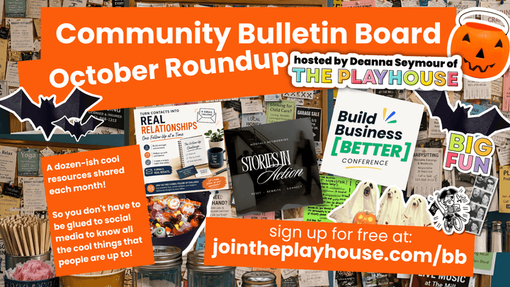Halloween-themed collage promoting The Playhouse's October Community Bulletin Board roundup, featuring business resources, event flyers, and playful Halloween decorations.