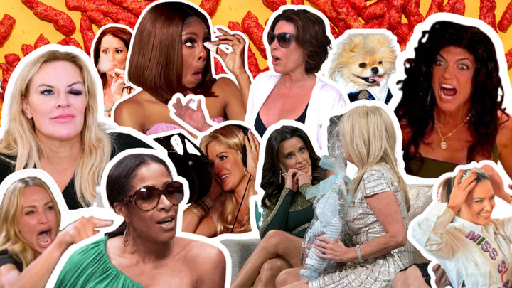 A collage of Real Housewives of Reality Television with a light orange background and hot cheetos.