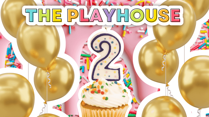 Pink background with rainbow sprinkles and a cupcake with a 2 candle and gold balloons. 