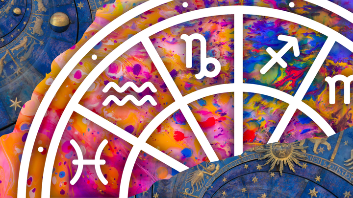 A white zodiac wheel with astrological symbols, including Capricorn, Sagittarius, Aquarius, and Pisces, over a colorful painted background of orange, pink, and blue with small stars and plane