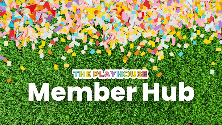 Grassy background with confetti and the playhouse logo and the words "member hub"