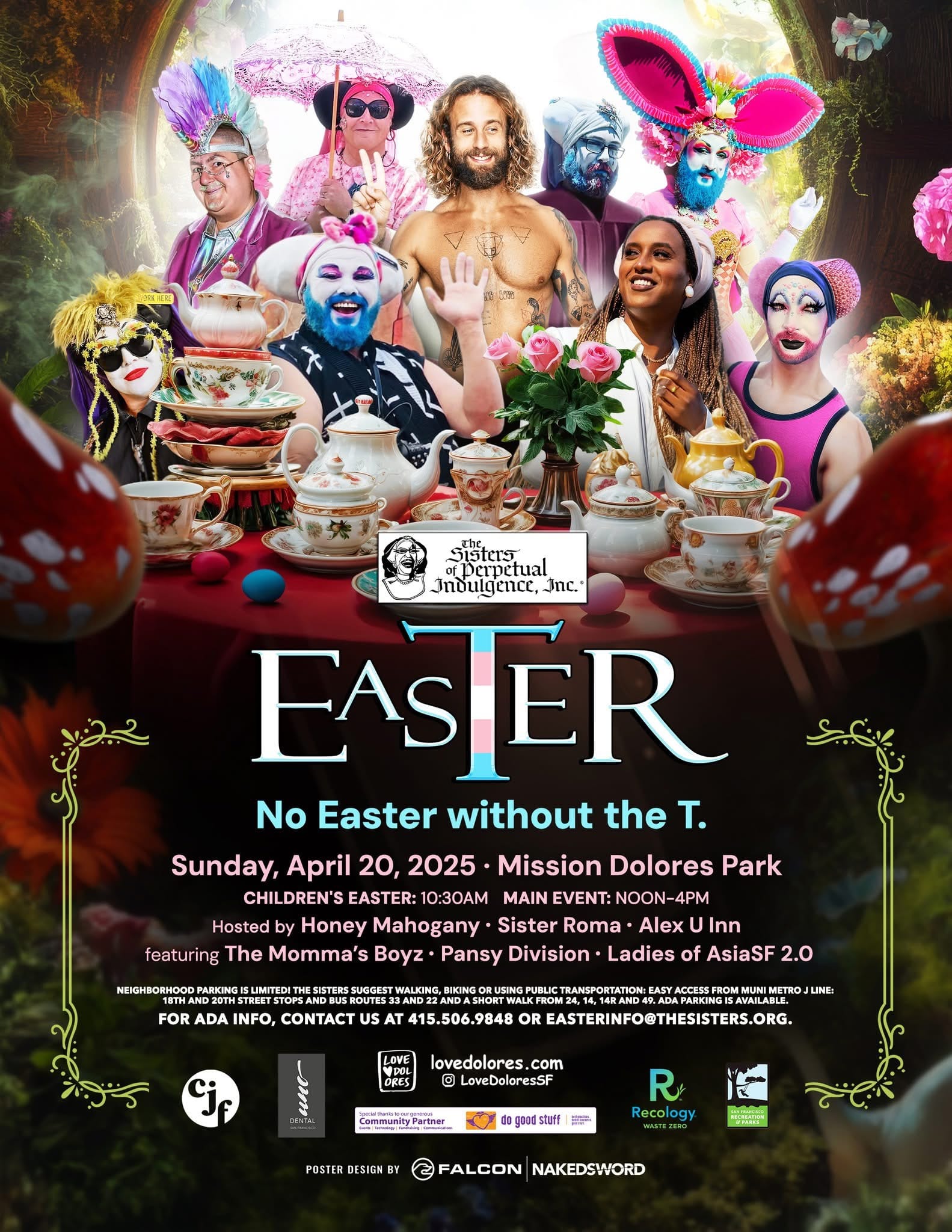 The flyer for the Sisters of Perpetual Indulgence's Easter event, with the theme "No Easter without the T."