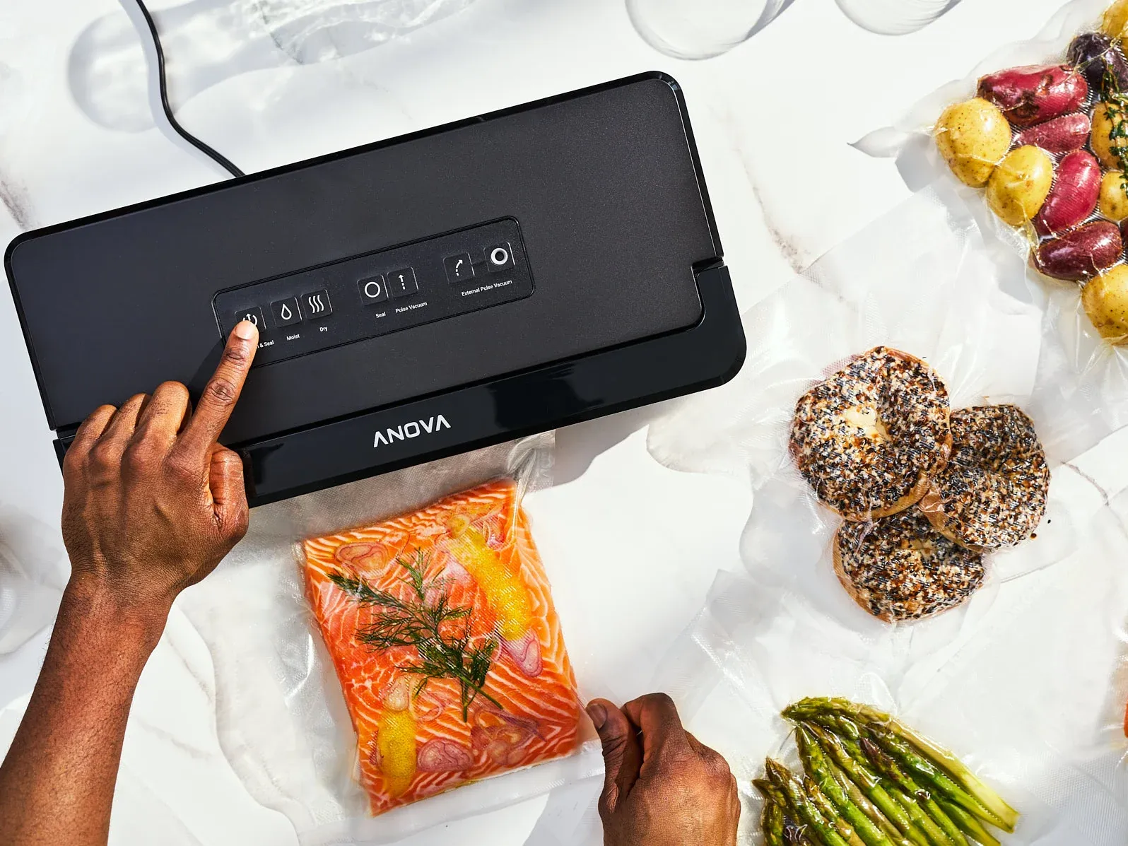 A rectangular Anova vacuum sealer, about 14" wide and 8" deep, is being used to vacuum air out of a bag with salmon. The controls are buttons on the top.